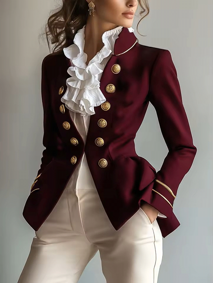 Dominique Chic Stand Collar, Long Sleeve, Elegant Tailed Back, Gold Buttons, Gold Trim Blazer