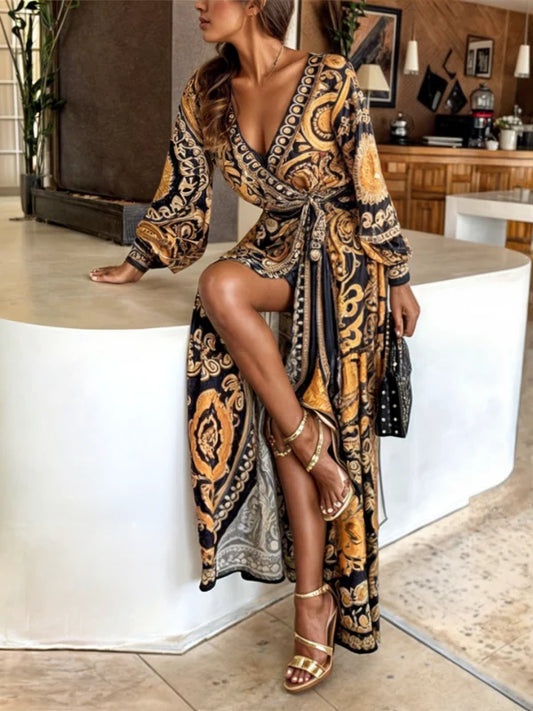Charly Elegant Bohemian Print Wrap Maxi Dress