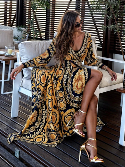 Charly Elegant Bohemian Print Wrap Maxi Dress