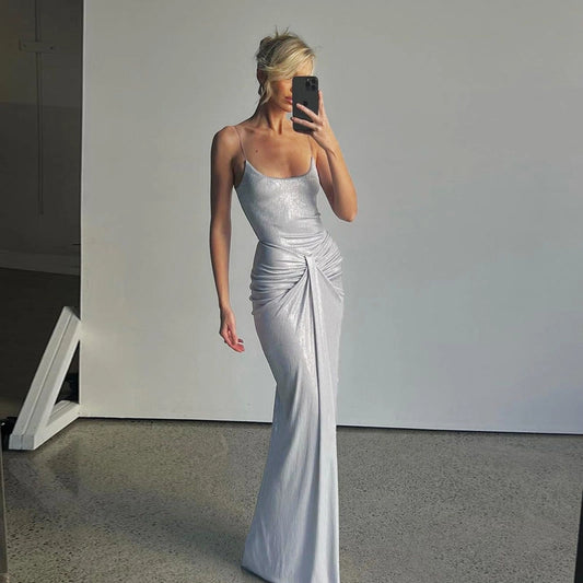 Gizelle Sultry Silver U-Neck Spaghetti Strap Maxi