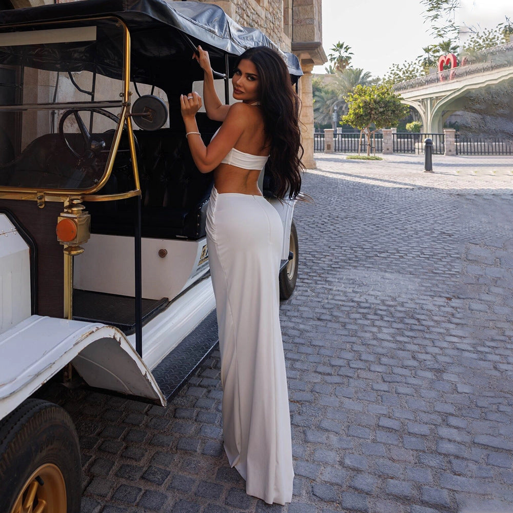 Misha Super Sexy Halter, Deep V-Neck, Waist Cut Out, Bodycon, Maxi Dress