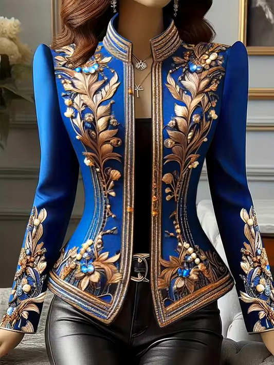 Donatella Elegant Women's Single Breasted, Long Sleeve, Stand Collar, Floral Embroidered, Vintage Style Jacket